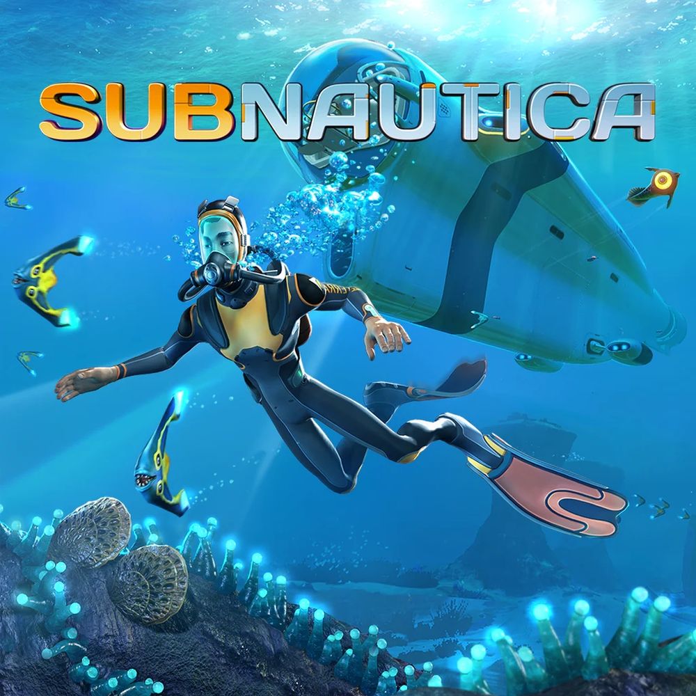 Subnautica cover, with a diver in front of his submarine.