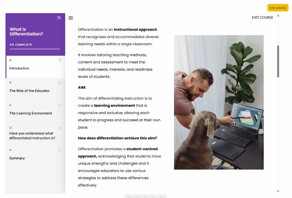 A screenshot from learning materials on differentiation. There's a photo of a person explaining something to a dog.