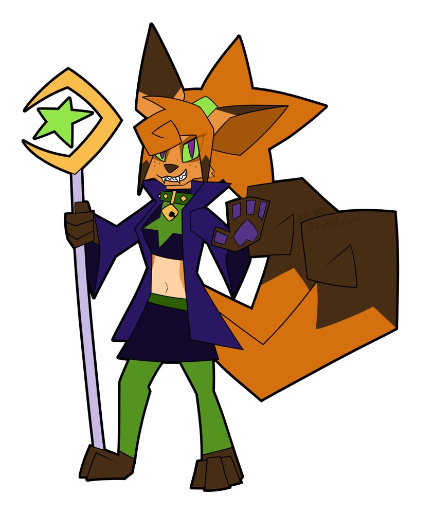 A Witch Fox anthro drawn in an angular style, holding out her palm of one hand and her staff in the other