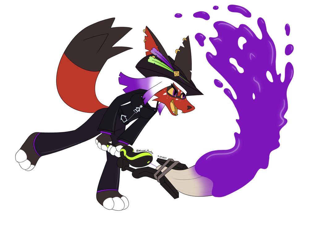 An anthro Red Fox in a punk pirate outfit swinging the Hero Brush from Splatoon 2 and splattering paint
