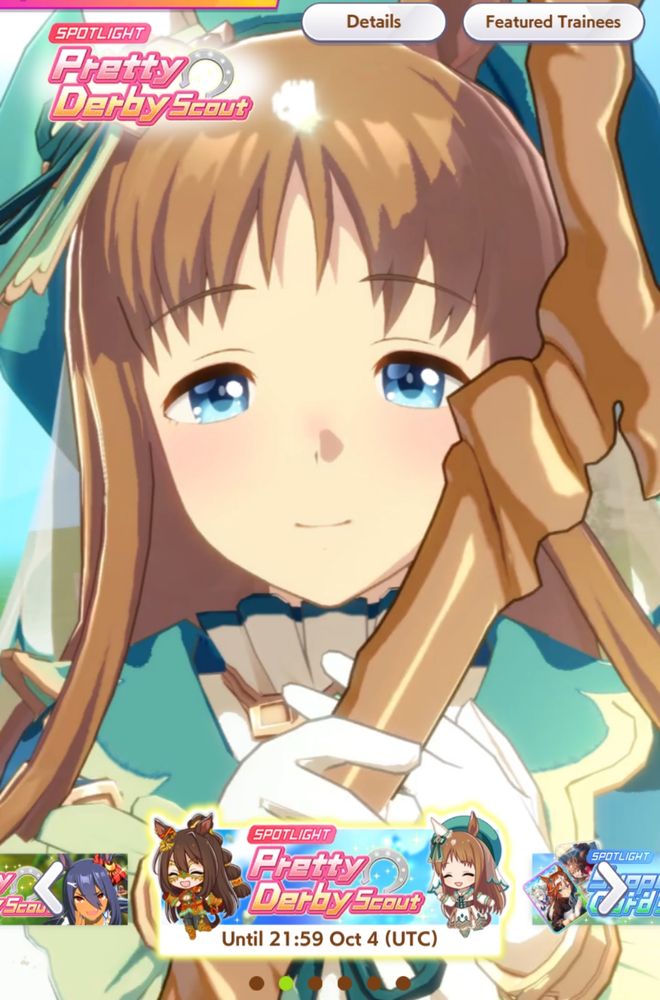 Print de Umamusume. Banner do scout de personagem destacando novas skins da Grass Wonder e El Condor Pasa.