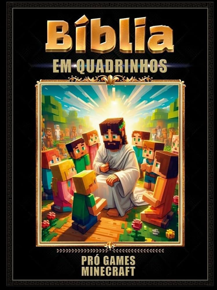 Capa do livro "Bíblia em Quadrinhos - Pró Games Minecraft". Contem uma imagem de Jesus evangelizando um monte de crianças, mas todos em formato de personagens do jogo.