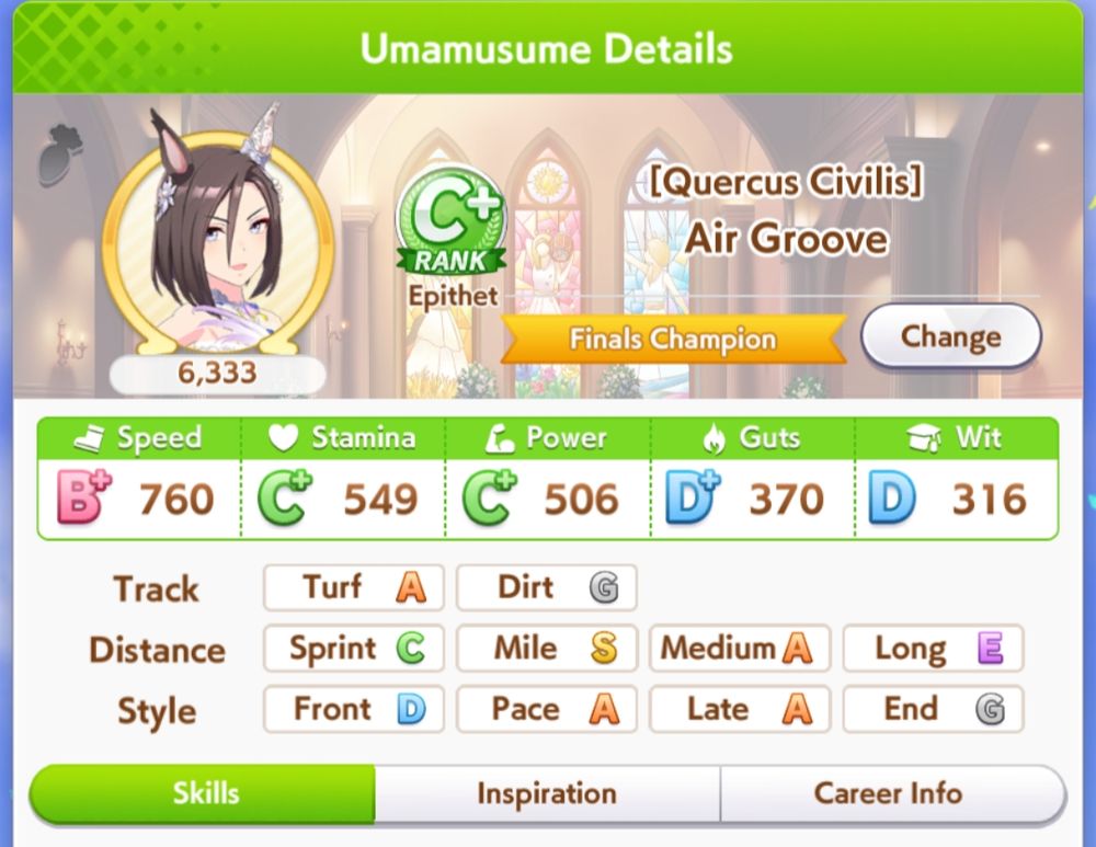 Ficha de uma Air Groove Quercus Civilis campeã do URA em Umamusume.