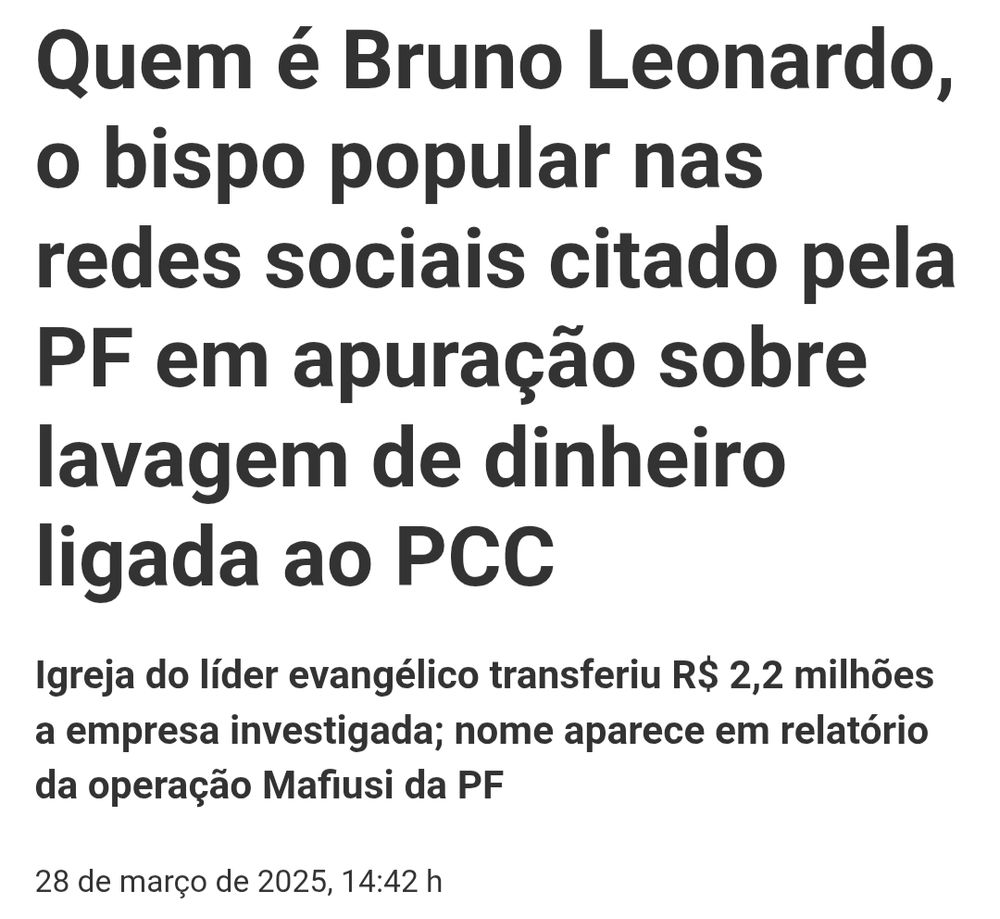 Manchete do portal Brasil247: "Quem é Bruno Leonardo, o bispo popular nas redes sociais citado pela PF em apuração sobre lavagem de dinheiro ligada ao PCC"