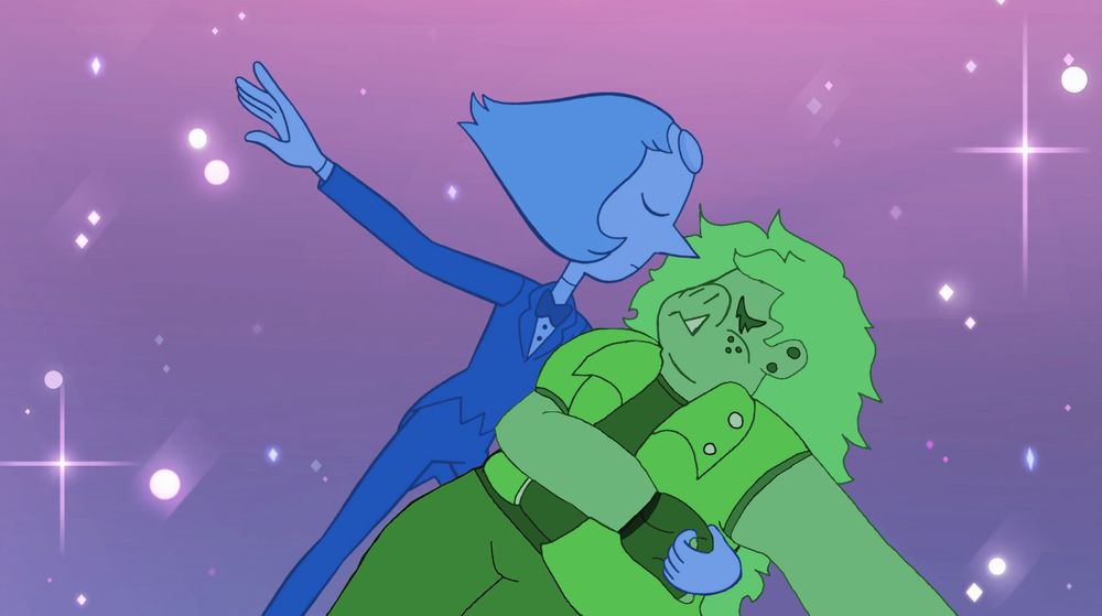 An edited screenshot from Steven Universe Season 3 Episode 8 "Mr. Greg" where OP's sona is drawn over Greg, who Pearl was originally dancing with in this scene.