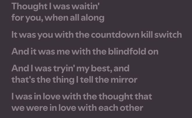 Screenshot of "Gethesemane" by Sleep Token lyrics: Thought I was waitin for you, when all along, It was you with the countdown kill switch, And it was me with the blindfold on, And I was tryin my best, and thats the thing I tell the mirror, I was in love with the thought that we were in love with each other"