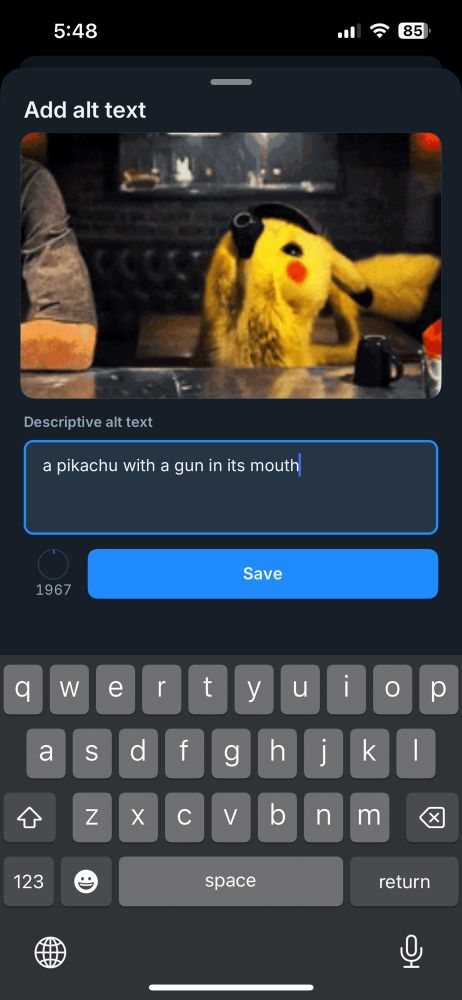 Bluesky screenshot where the automatic imagine description describes a gif of Pikachu drinking coffee as “a pikachu with a gun in its mouth”