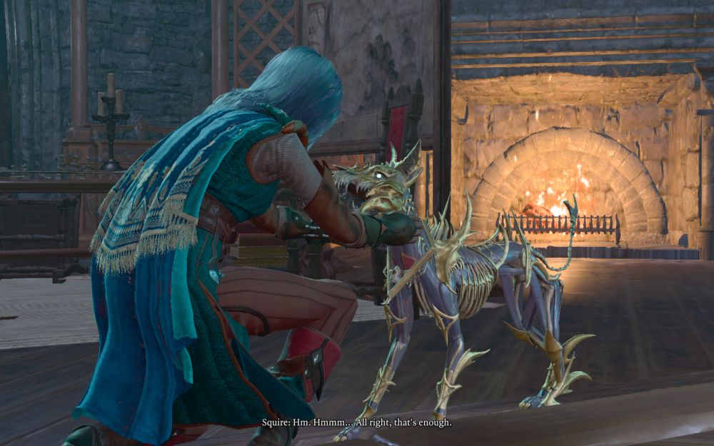 Lia petting a skeleton dog called Squire in Balder's Gate 3