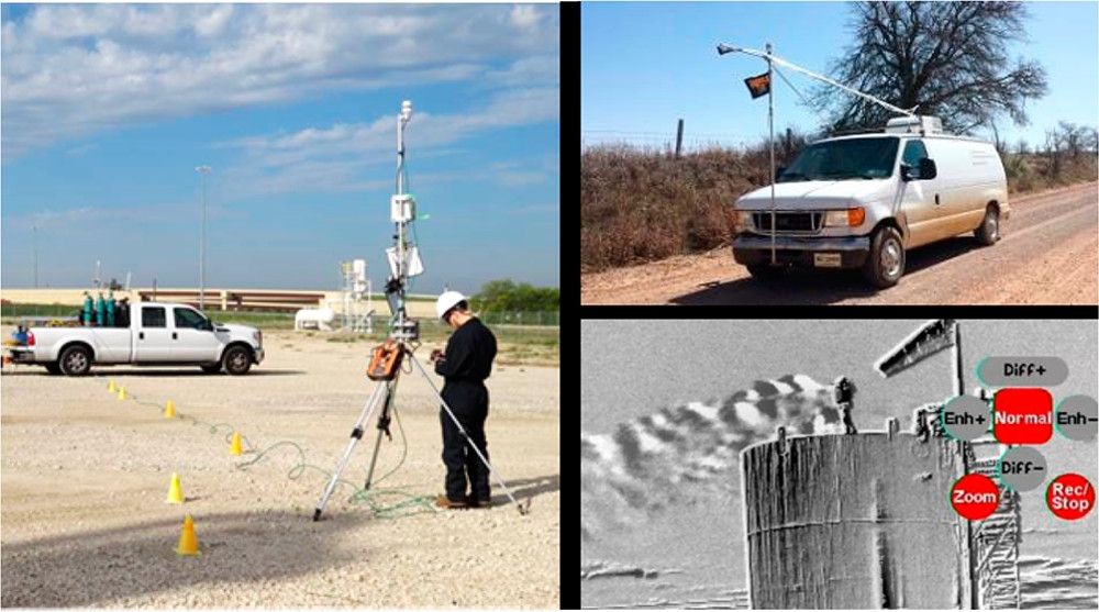 Composite image of a mobile laboratory used to detect methane emissions. Image on the left shows a Ford pickup truck, a tripod carrying met sensor and tubing, and a person in PPE. Top right panel shows a white Ford van with sampling tubes at the top. Bottom right panel shows an IR image of a natural gas storage tank with methane and other VOCs gushing out through an improperly closed vent.