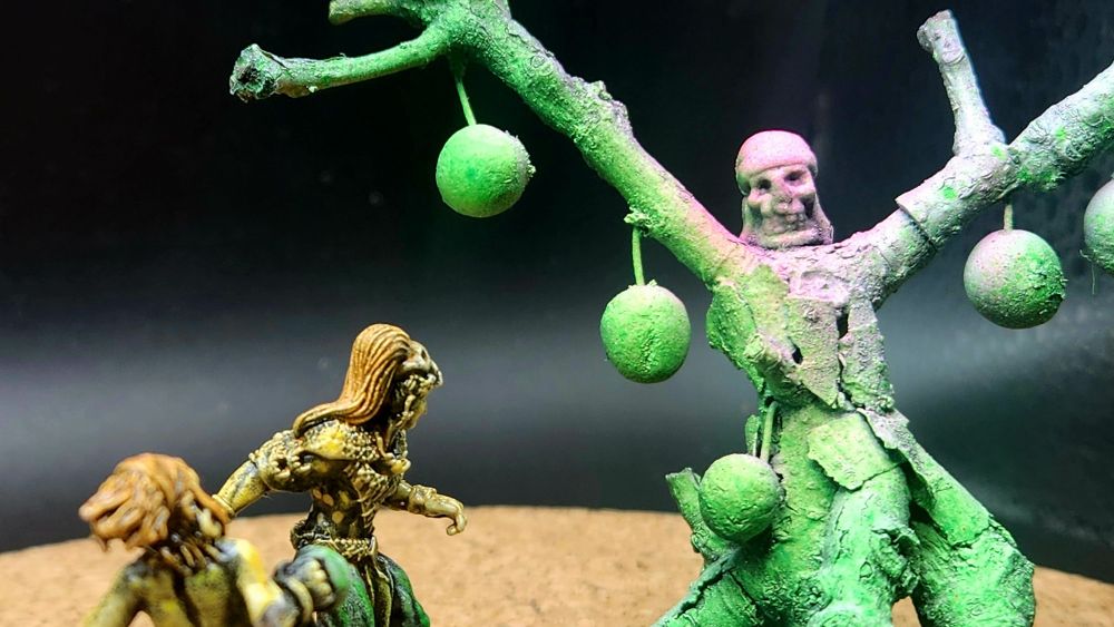 Handpainted miniatures depicting a scene from mesoamerican folklore. Two maya warriors approach a calabash tree containing a human skull. Flourescent colors.