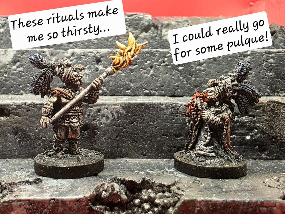 Photos of hand-painted miniatures depicting ancient Maya at a stone pyramid. A character named Pulque Man, shaped like a clay, jumps into the scene and offers everyone a drink. A parody of the Kool Aid man. The last photo shows an ancient Mayan painting of a Pulque jar with a face, and credits an Instagram account called Aztec Religion with first pointing out the similarity to the kool aid man.