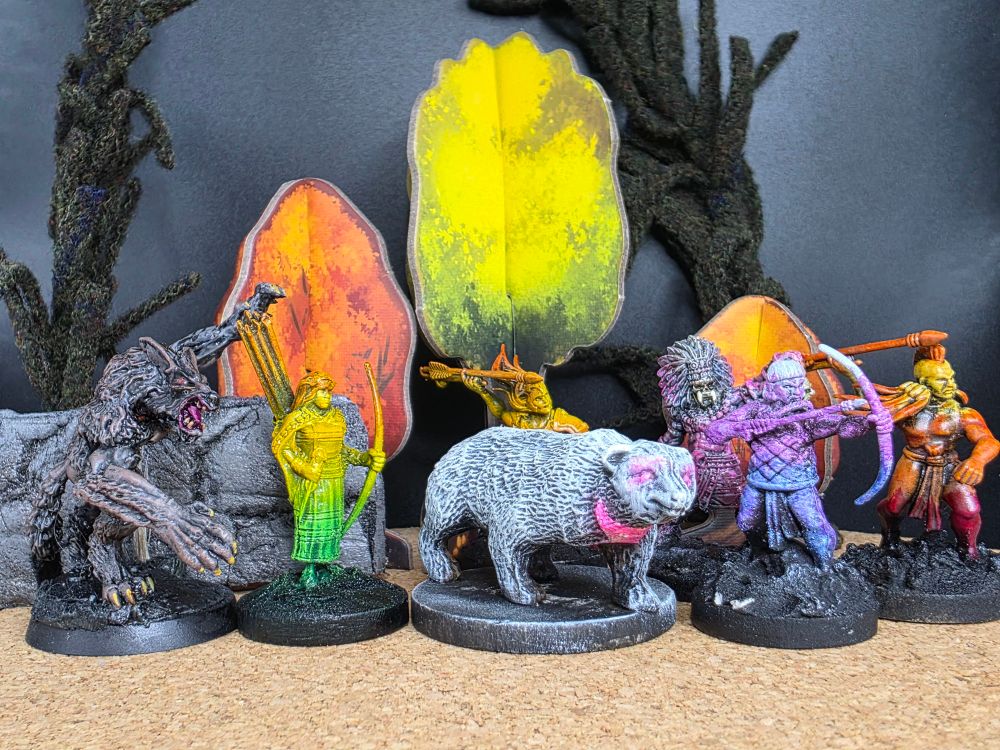 Four views of a set of tabletop miniatures painted in fluorescent colors. The miniatures represent native American characters for the game setting Dracula's America, including a werewolf and a bear. The bear is painted black and white with highlights of neon pink on its chest and eyes.