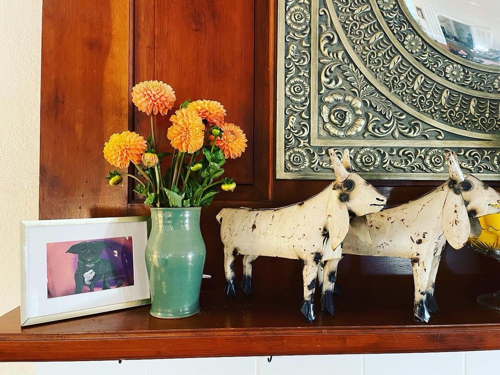 A glossy medium wood mantle holds a small painting of a black and white dog, a green pottery vase full of orange dahlias, and two rustic white metal goats. The wood extends up the wall. An ornate gold colored mirror hangs in the upper right corner. 