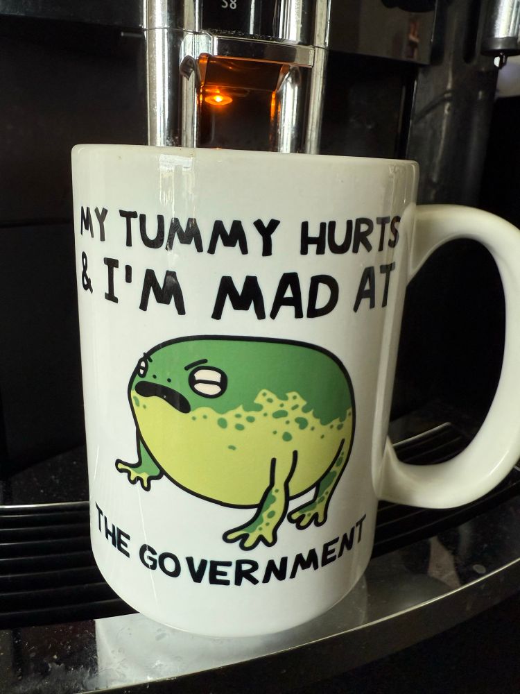 My tummy hurts and I’m mad at the government coffee mug with mad frog 