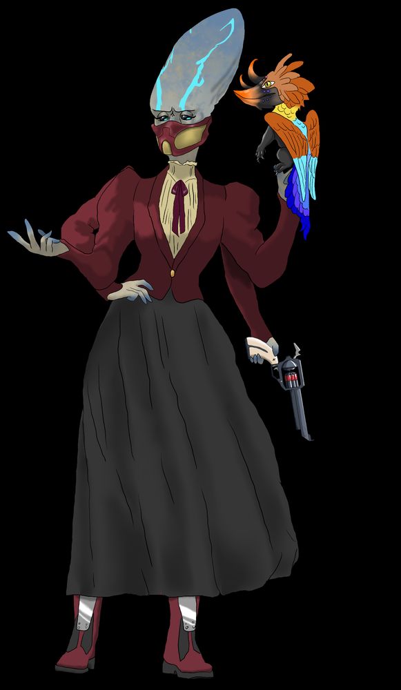 A kasatha woman wearing a sort of old western outfit. She has a laser revolver in one hand and is holding an alien parrot like creature in another.