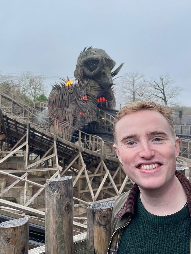 Andrew in front of the Wickerman roller coaster