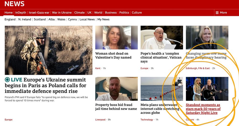 BBC News homepage showing the story in question highlighted in a prominent position.