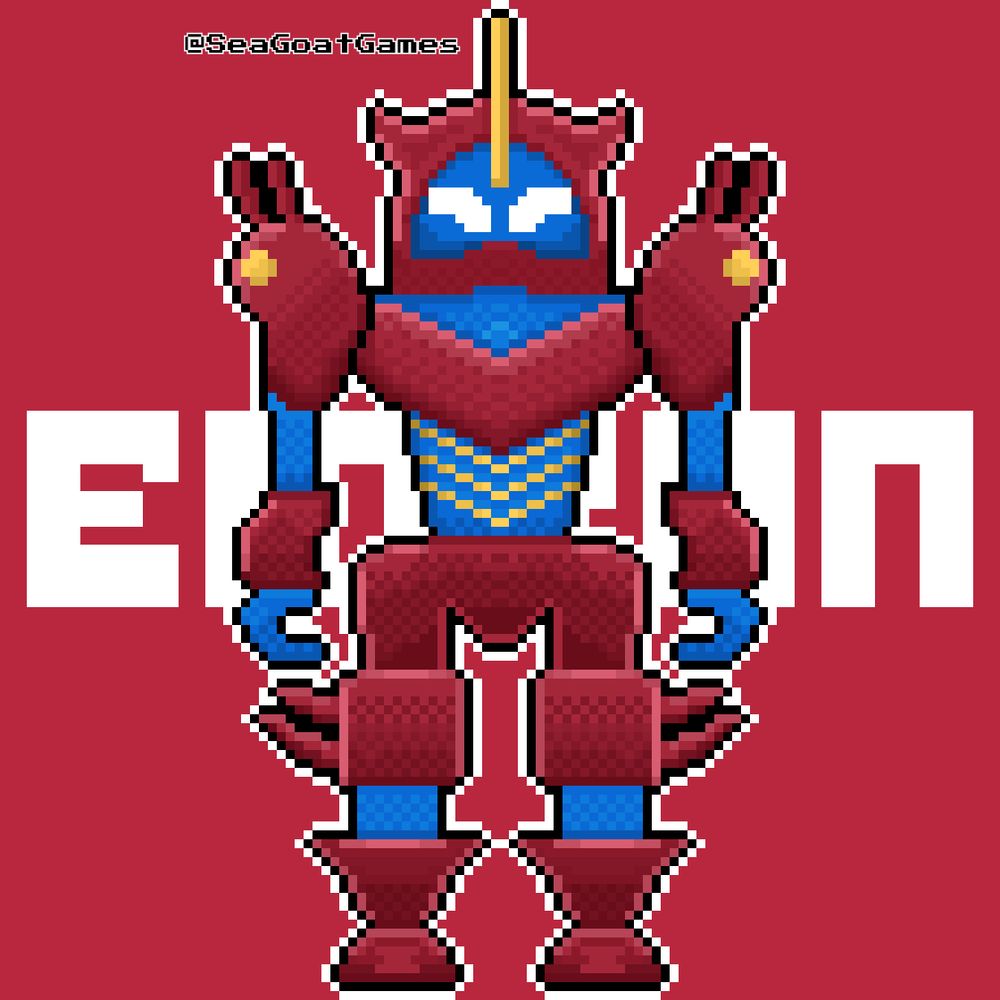 Pixel art full-body image of a huge red Sentai-inspired mech. #Sentai #Pixelart #ArtFight #PowerRangers #SuperSentai #FanArt