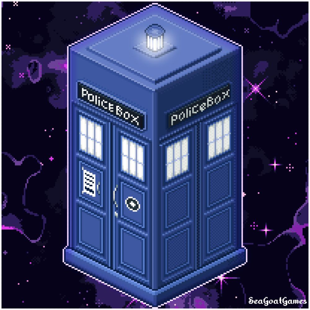 Isometric pixel art of the Tardis, a blue police box, from Dr who hovering in a purple starfield! #Art #Pixelart #DrWho