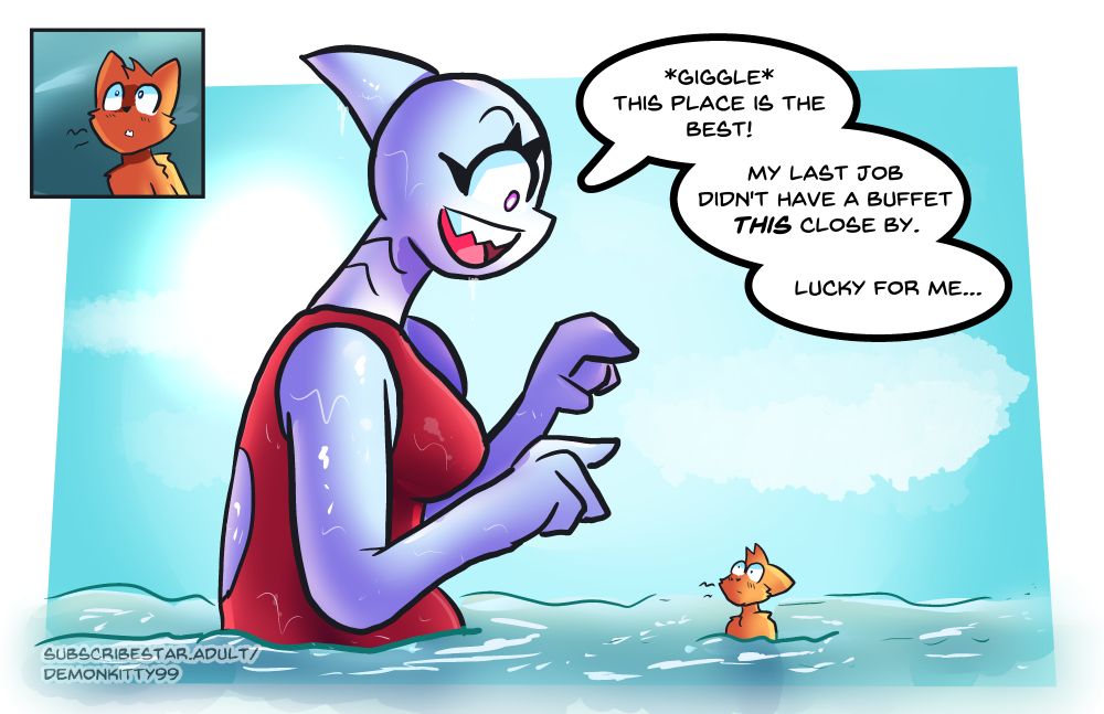 The beach goer turns behind them, as the monster towers over them. The monster is revealed to be... Mako, the air-headed shark. She towers over the beach-goer, almost 8x their size.

Mako gives off a carefree giggle, "This place is the best! My last job didn't have a buffet this close by. Lucky for me..." The beach goer knows what is about to happen as they can only stare at the hungry Mako.