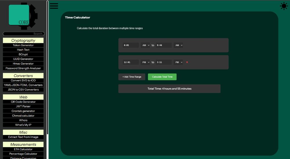 A time calculator that calculates the total duration between time ranges