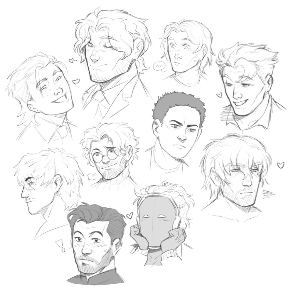 the image depicts a white page filled with ten sketchy headshots of different characters. 