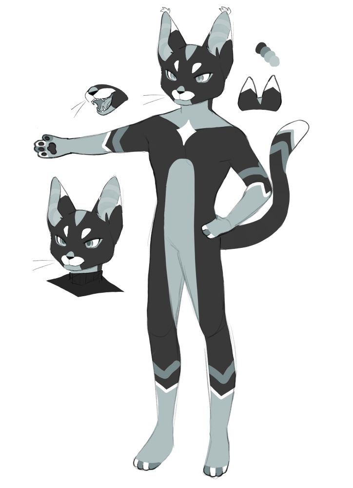 a messy full-body drawing of a bipedal cat. they have one hand on their hip while the other sticks straight out to their side, showing their paw. 