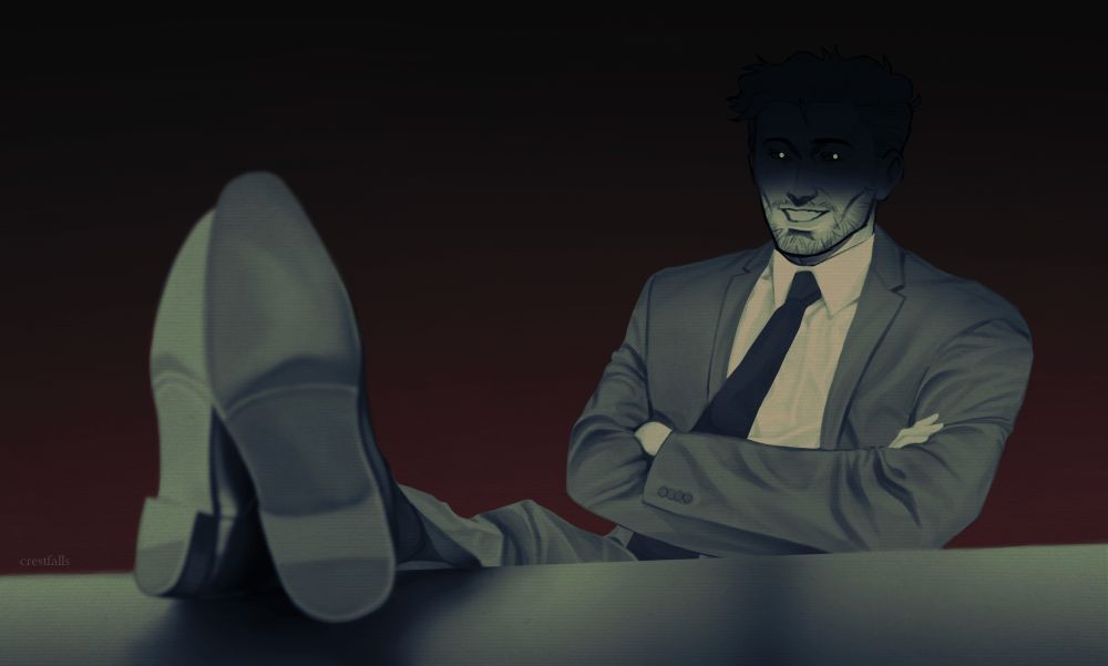 an illustration of a man in a suit. he's leaning back with his feet up on what appears to be a desk, all colored in a desaturated light green. there's a shadow over his face that obscures his hair and leaves only two dots in place of his eyes. behind him is a deep, desaturated red that fades up into black. 
