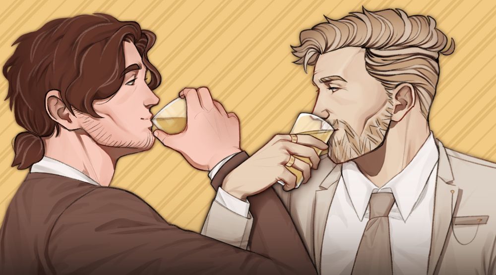 the illustration depicts two men drinking from glasses with crossed arms, looking into each other's eyes and smiling. the man on the right has short light brown hair and a matching beard with light blue eyes. he is wearing a beige suit. the man on the left has darker brown hair pulled up into a small ponytail with matching eyes and light scruff on his face. he wears a brown suit. the background is a light yellow with darker stripes. 