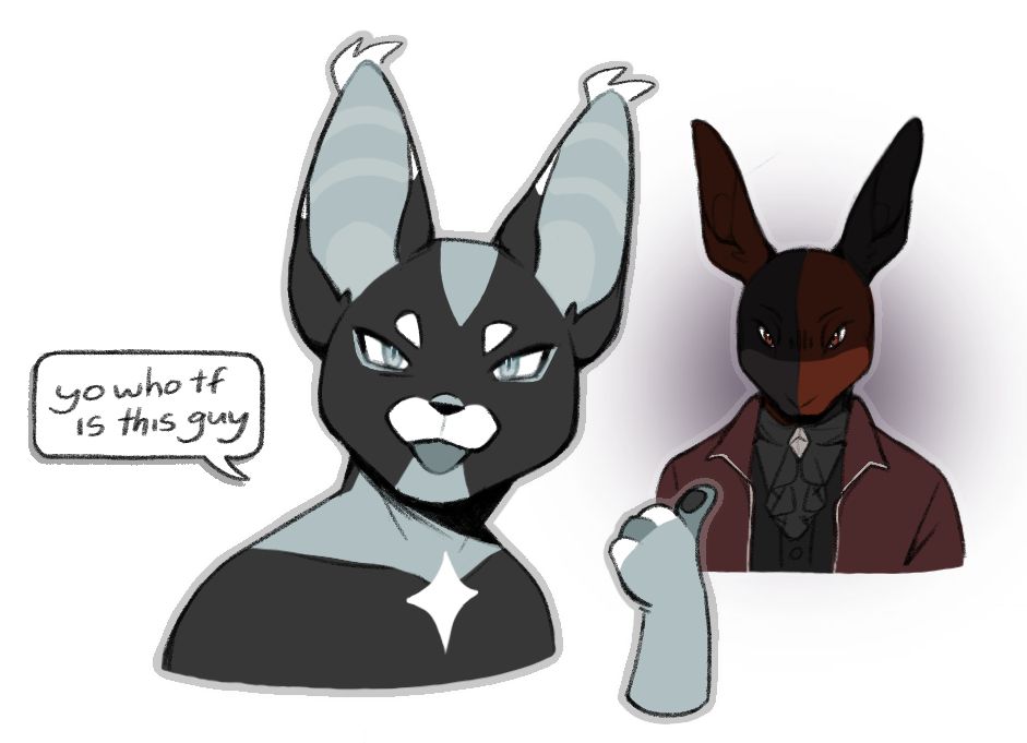 a drawing of an anthro cat and rabbit. the cat points behind themselves at the rabbit with a smile on their face, asking, "yo who the fuck is this guy?" likely making fun of him. the rabbit, who is a few feet behind the cat, glares at the cat with an intimidating aura emanating from him. 