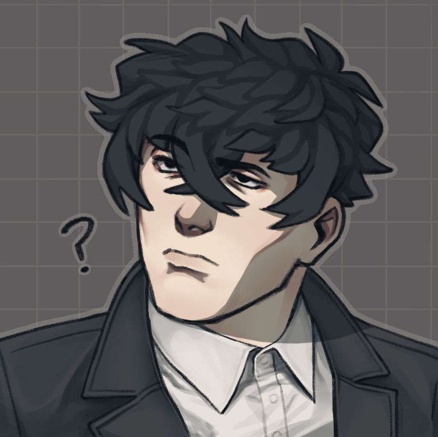 the drawing depicts a young man. his head faces the left side of the screen while his body faces the right side. he has short dark hair with bangs that frame his face and cross over his nose, and he's making a confused expression. he's wearing a dark trench coat over a white button-up. the background is a warm grey with a light grid over it. this version has warmer colors than the original. 