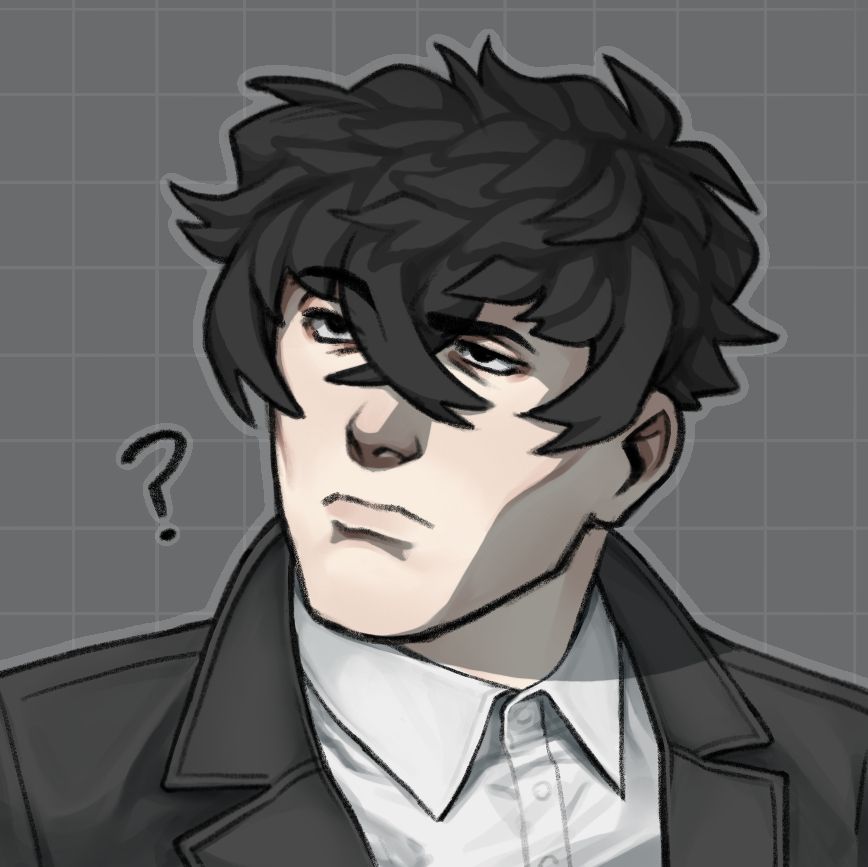 the drawing depicts a young man. his head faces the left side of the screen while his body faces the right side. he has short dark hair with bangs that frame his face and cross over his nose, and he's making a confused expression. he's wearing a dark trench coat over a white button-up. the background is a cool grey with a light grid over it. 