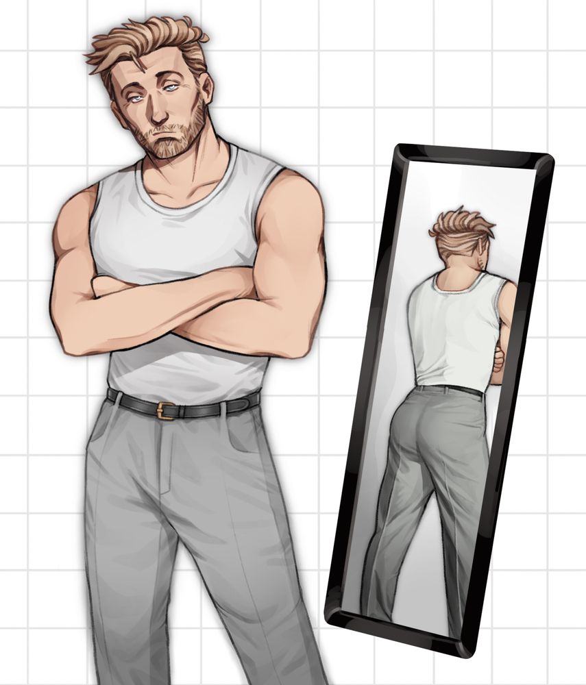 an illustration of crestfalls’ oc, using a picture of pedro pascal as reference. it depicts a tall pale man with his arms crossed, facing the viewer with a mirror behind him. he has short light brown hair with a matching beard, blue eyes, and a blank expression. he’s wearing a white tanktop and grey pants. the mirror displays a reflection of his backside. 