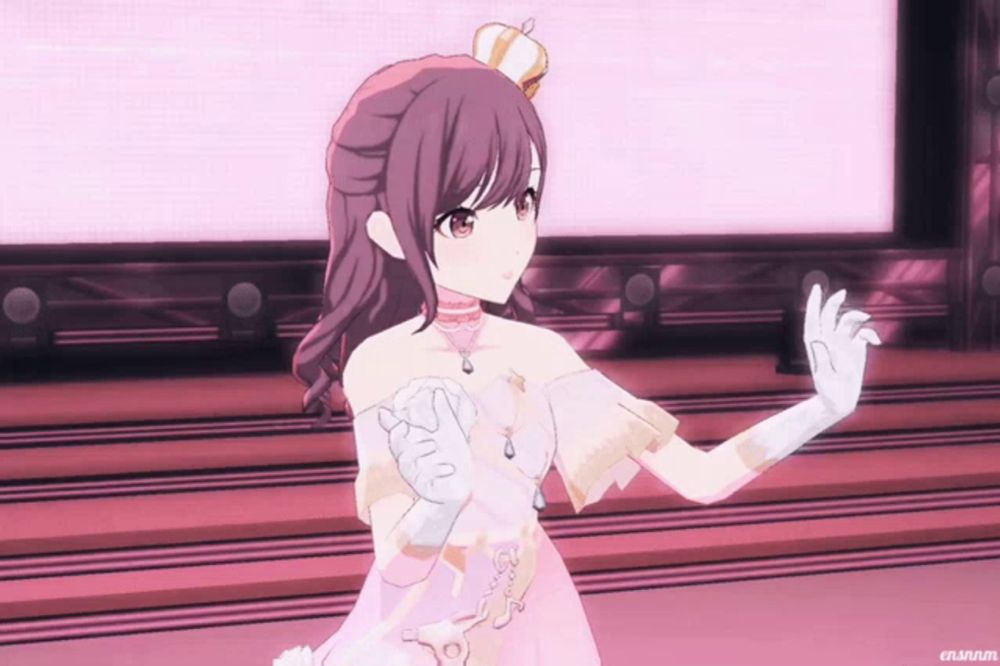 a girl with a crown on her head is wearing white gloves and a pink dress