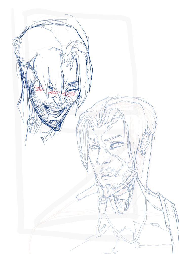 image depicts a messy character expression study of #ArthurNightengale of #The_Hex from the video game #Warframe illustrated by Lotus O. Draelik