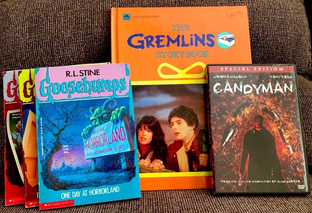 Three original goosebumps books, The Gremlins storybook, and Candyman (the original) on special edition DVD