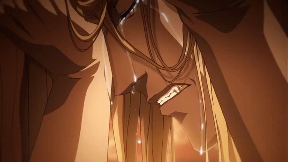 Alucard leaning down into his hand, crying intensely.