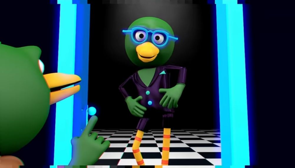 A 3d rendering of an anthropomorphic bird like creature with green skin. They are pointing to themselves standing in a doorway wearing fancy looking pajamas with light blue glasses.