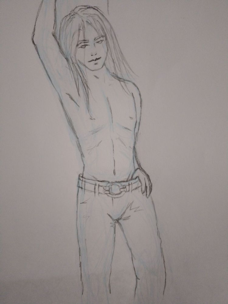 A sketchy drawing of what is supposed to be another character dressed as Curt Wild from Velvet Goldmine leaning against a wall, because conversation was had and jokes were made, and scribbling happened.  I think i might need new glasses for reading and up close finally in my old age because its getting hard to see pencil lines, i had to take my regular glasses OFF to draw this and its still not right to me.