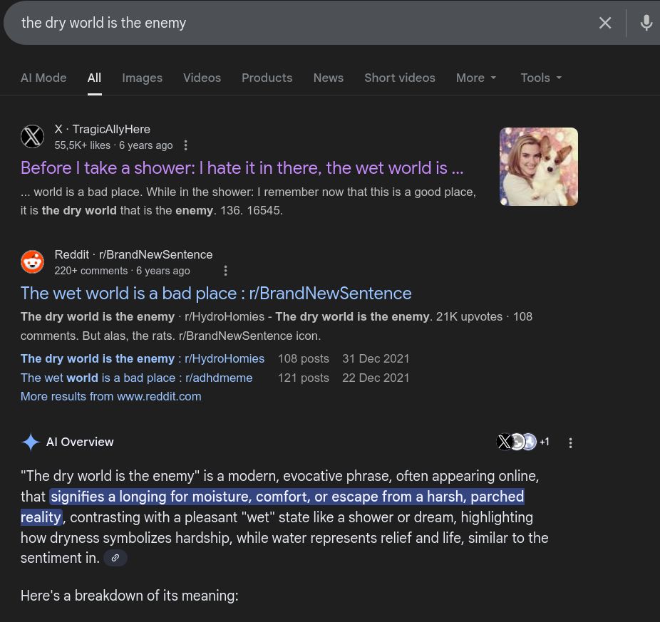changing my search to: "the dry world is the enemy" adds the two results from the previous search but in the other order (tweet first) and the google overview is beneath it now, for some reason: ""The dry world is the enemy" is a modern, evocative phrase, often appearing online, that
signifies a longing for moisture, comfort, or escape from a harsh, parched reality, contrasting with a pleasant "wet" state like a shower or dream, highlighting how dryness symbolizes hardship, while water represents relief and life, similar to the sentiment in."
In addition to just being completely fucking wrong it stops suddenly at 'to the sentiment in' before it starts doing a 'breakdown of its meaning' that's also wrong.