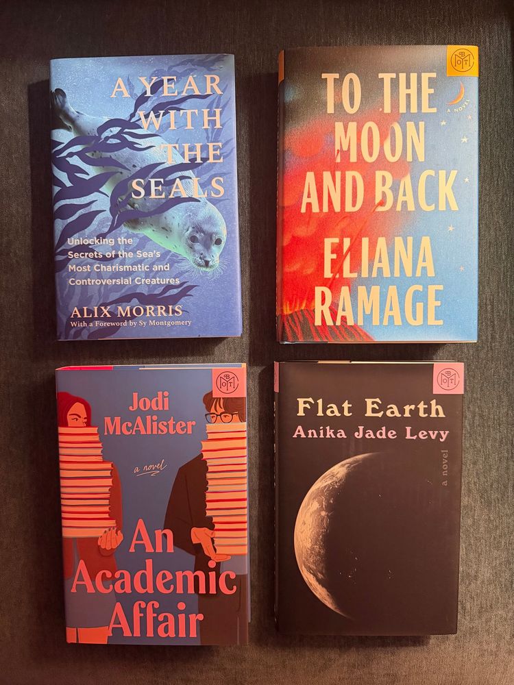 4 book options 

A Year With The Seals by Alix Morris
To The Moon And Back by Eliana Ramage
An Academic Affair by Jodi McAlister
Flat Earth by Anika Jade Levy