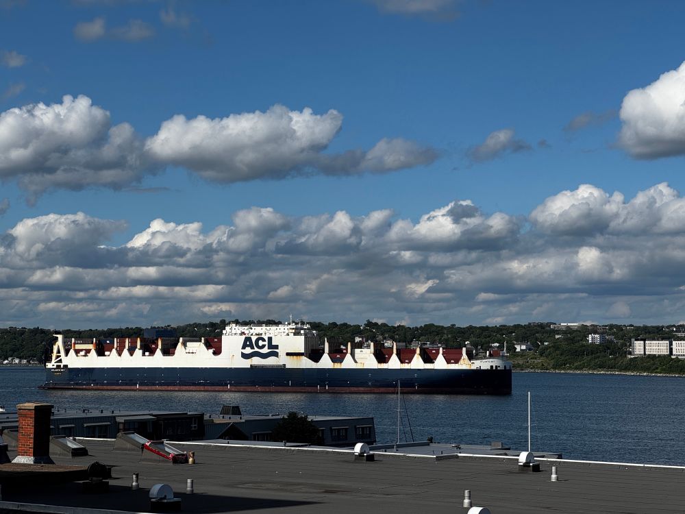 A large container ship with the company name ACL painted on the side sails past under partly cloudy blue skies