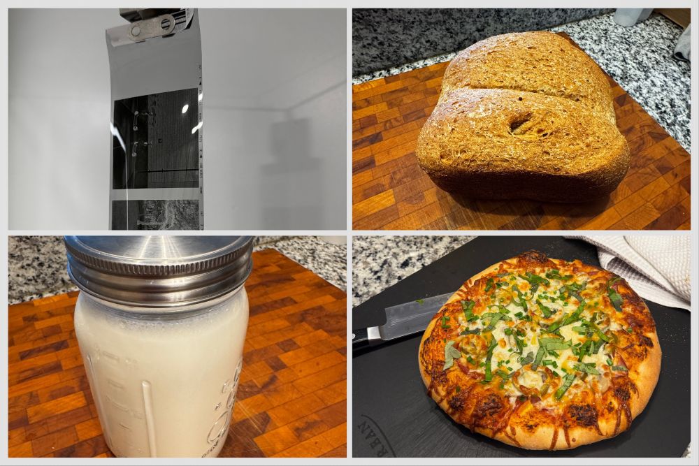 A collage showing four frames, one with film hanging to dry, one with a. loaf of freshly baked dough, one with freshly cultured milk for yogurt and one with a homemade pizza