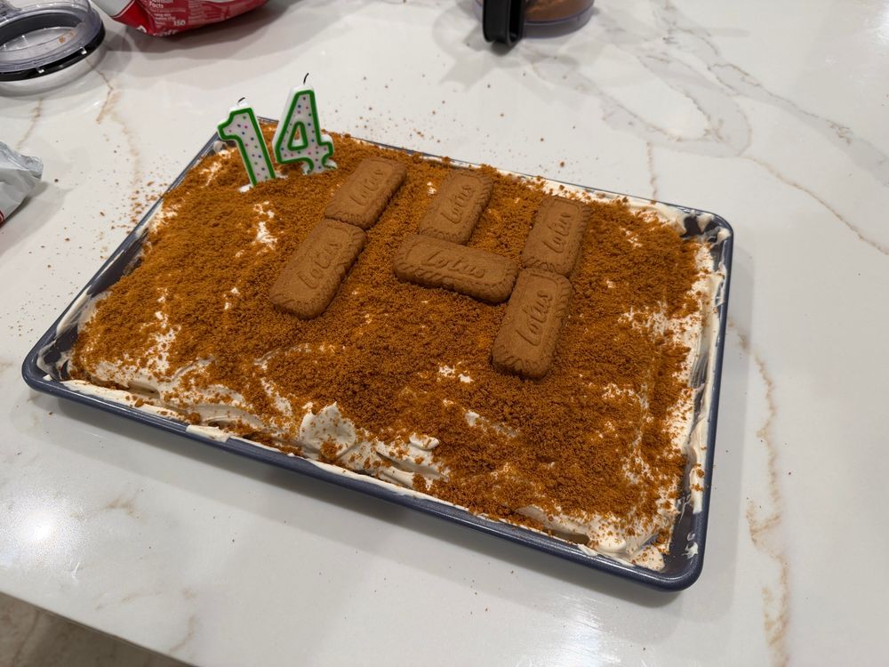 A tres leches cake covered in biscoff frosting and crumbled cookies with a number 14. 