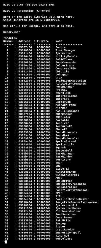 RISC OS 7 post-boot showing its initialization messages and then a list of available OS-level modules. Taken from http://shell.riscos.online/