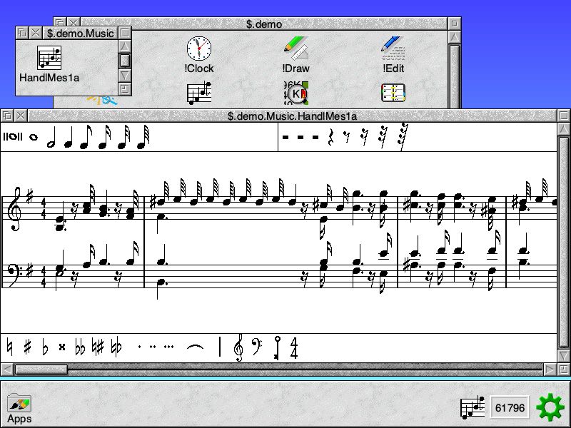 Acorn's Maestro music editing and playback application running on Gerph's Pyromaniac RISC OS in the desktop 