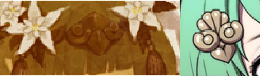 a side-by-side screenshot comparison of adult!Sothis's crown from the mural and Flayn's hair clip. Both are roughly patterned with a heart shape framed by two circular ornaments