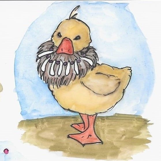 Watercolor painting of a yellow duck outlines in black. It has a puffy tan/brown fur collar like a mane. It is wearing a necklace with long white teeth shapes and alternating small round beads on top of the collar. They eyes are squinting. 