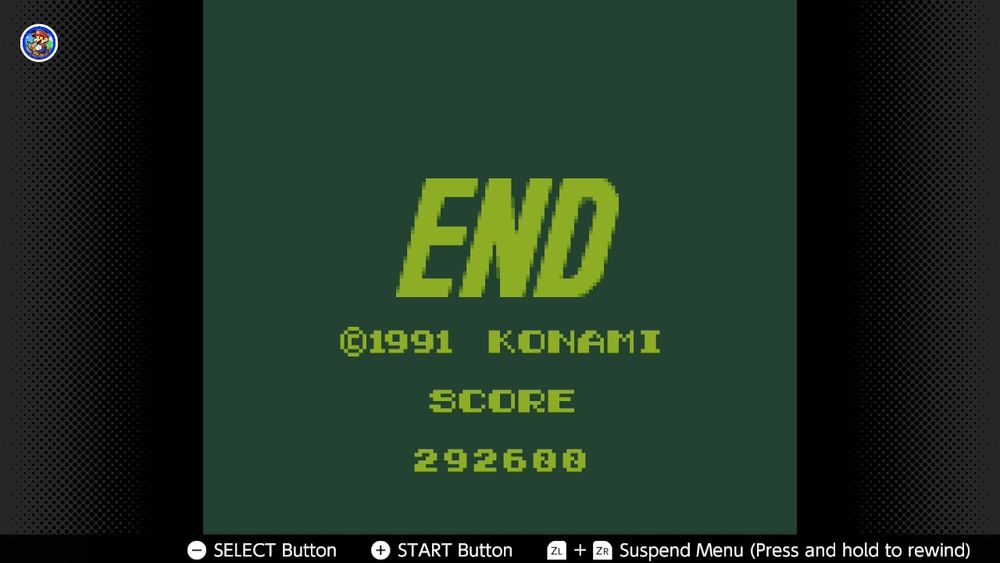 An image from the credits sequence in Gradius: The Interstellar Assault showing the "END" screen with a score of 292,600.