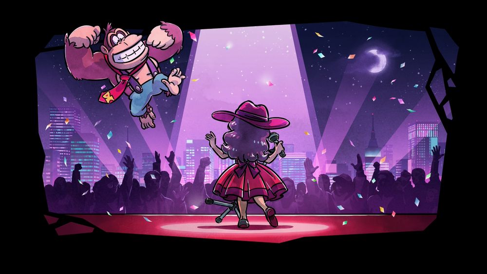 Artwork from the post-credits "true ending" showing Pauline performing her new song on a stage, wearing her iconic red dress and hat. 